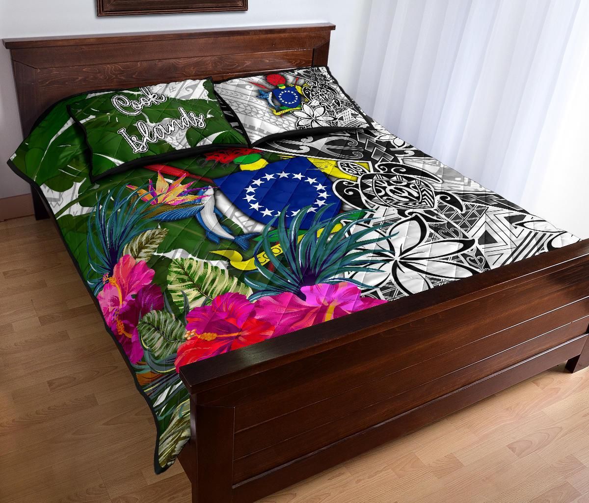 Cook Islands Quilt Bed Set White - Turtle Plumeria Banana Leaf