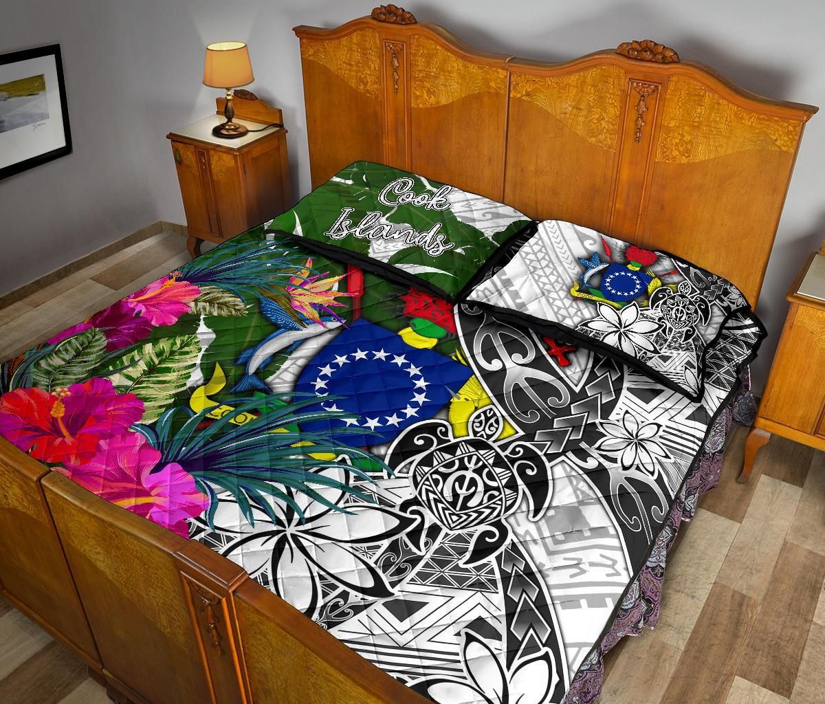 Cook Islands Quilt Bed Set White - Turtle Plumeria Banana Leaf