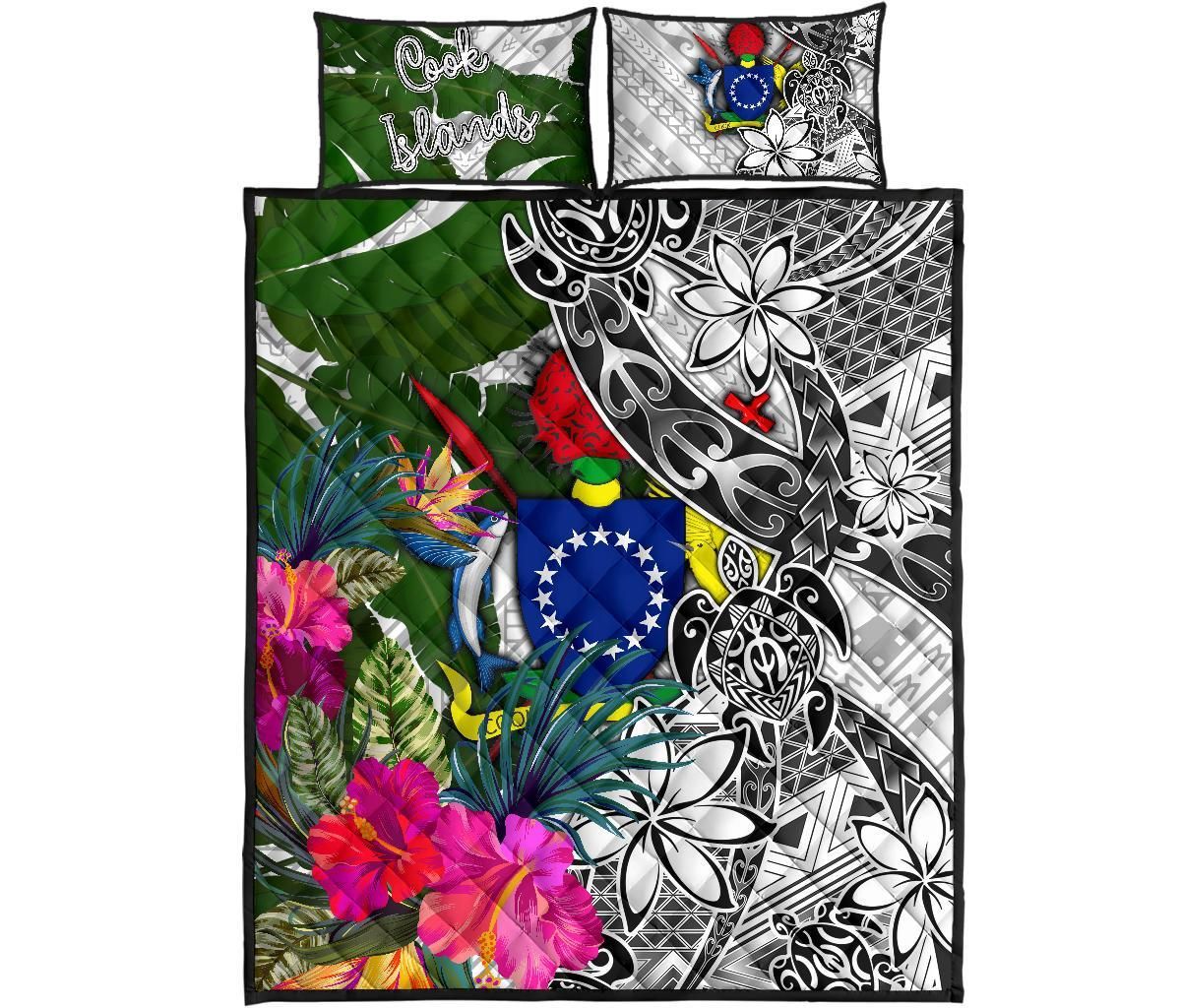 Cook Islands Quilt Bed Set White - Turtle Plumeria Banana Leaf