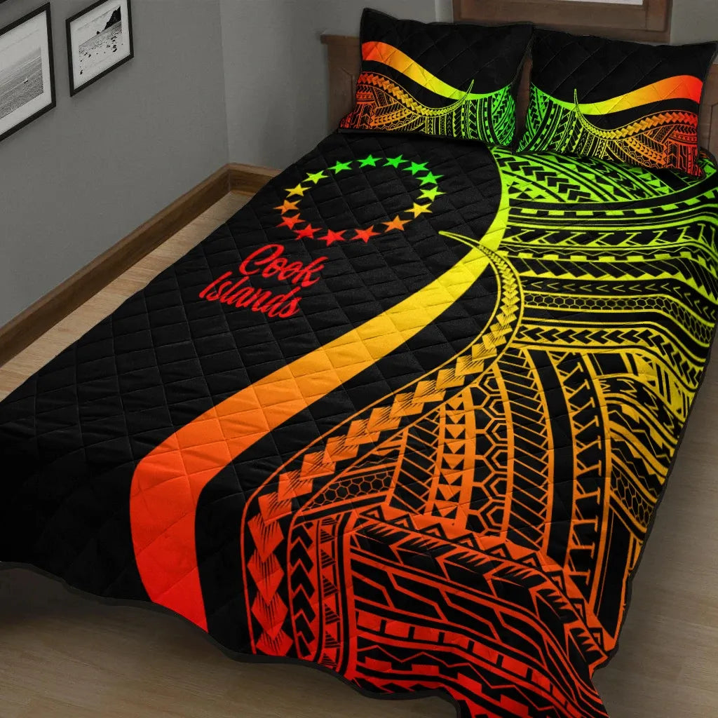 Cook Islands Quilt Bed Set - Reggae Polynesian Tentacle Tribal Pattern