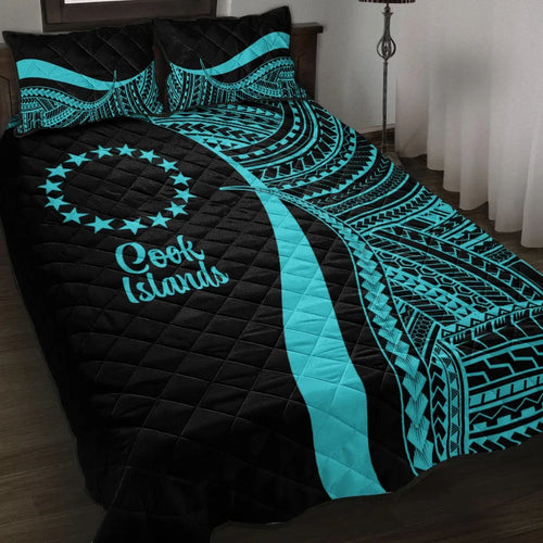 Cook Islands Quilt Bed Set - Turquoise Polynesian Tentacle Tribal Pattern