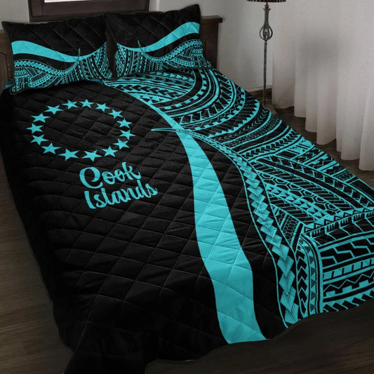 Cook Islands Quilt Bed Set - Turquoise Polynesian Tentacle Tribal Pattern