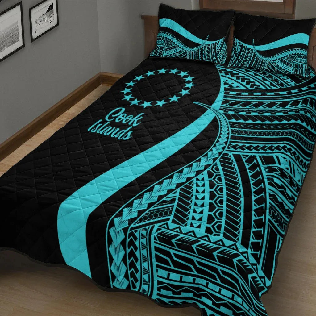 Cook Islands Quilt Bed Set - Turquoise Polynesian Tentacle Tribal Pattern