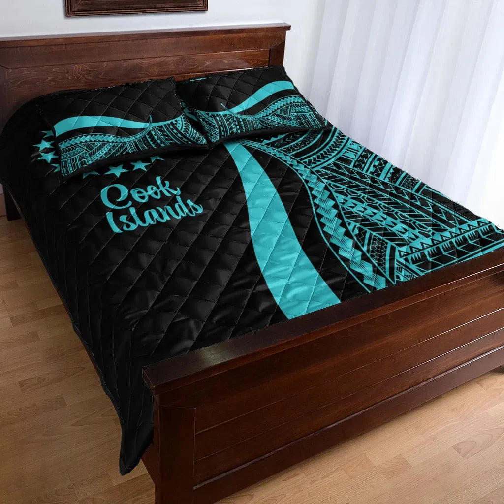 Cook Islands Quilt Bed Set - Turquoise Polynesian Tentacle Tribal Pattern