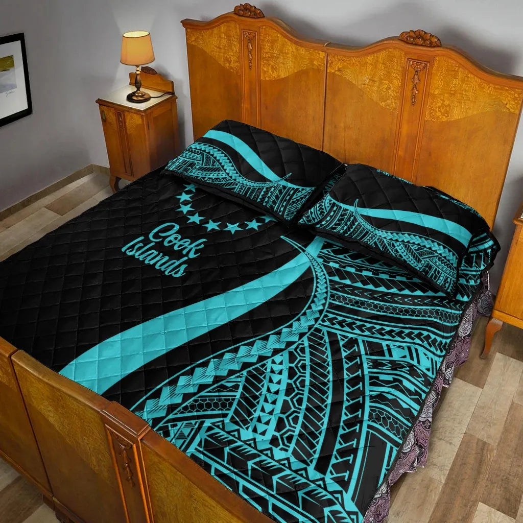 Cook Islands Quilt Bed Set - Turquoise Polynesian Tentacle Tribal Pattern