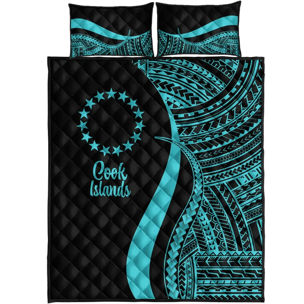 Cook Islands Quilt Bed Set - Turquoise Polynesian Tentacle Tribal Pattern