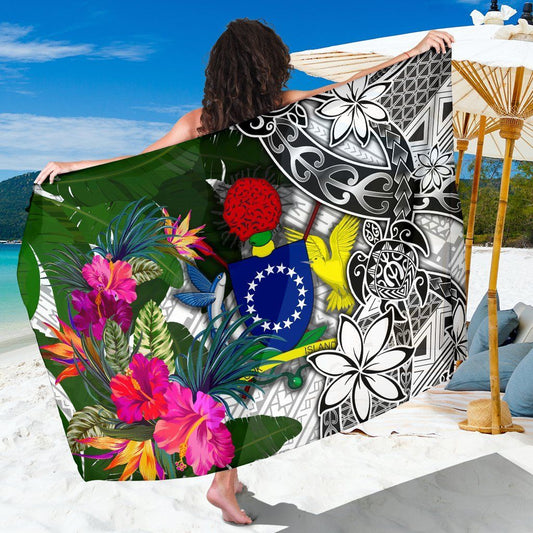 Cook Islands Sarong White - Turtle Plumeria Banana Leaf