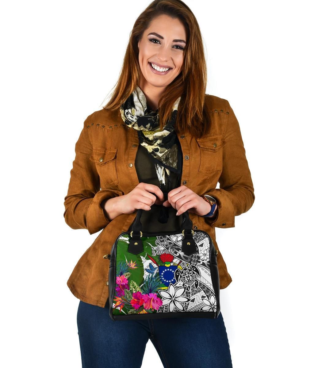 Cook Islands Shoulder Handbag White - Turtle Plumeria Banana Leaf