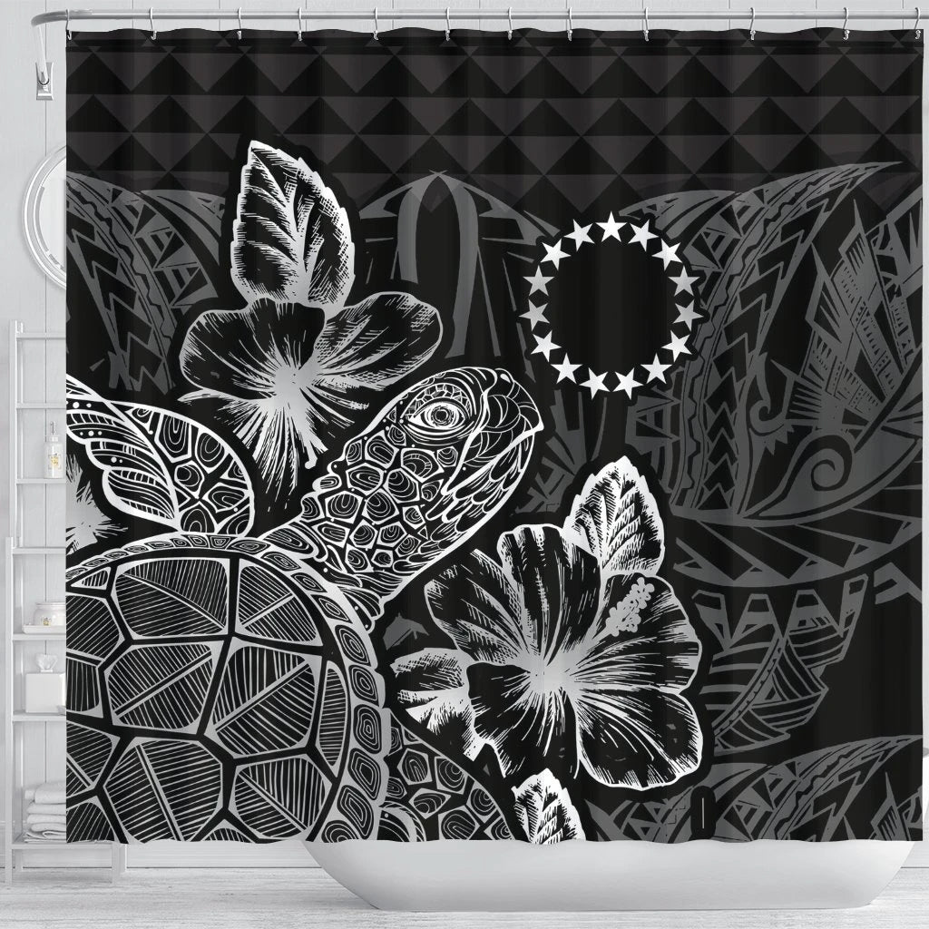 Cook Islands Shower Curtain Turtle Hibiscus Black