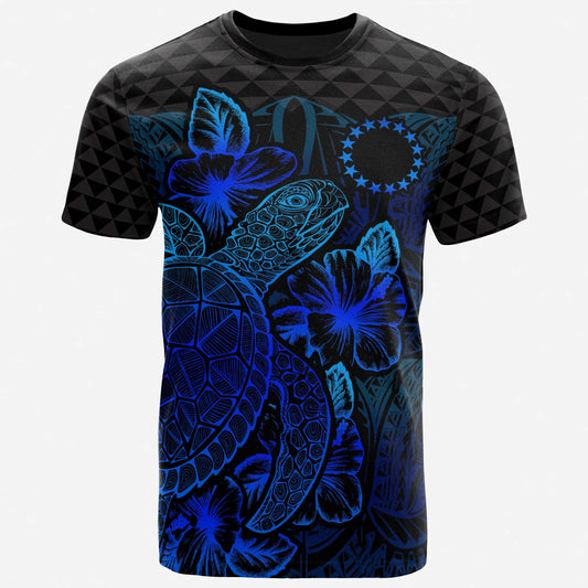 Cook Islands T-Shirt - Cook Islands Flag Turtle Hibiscus Blue