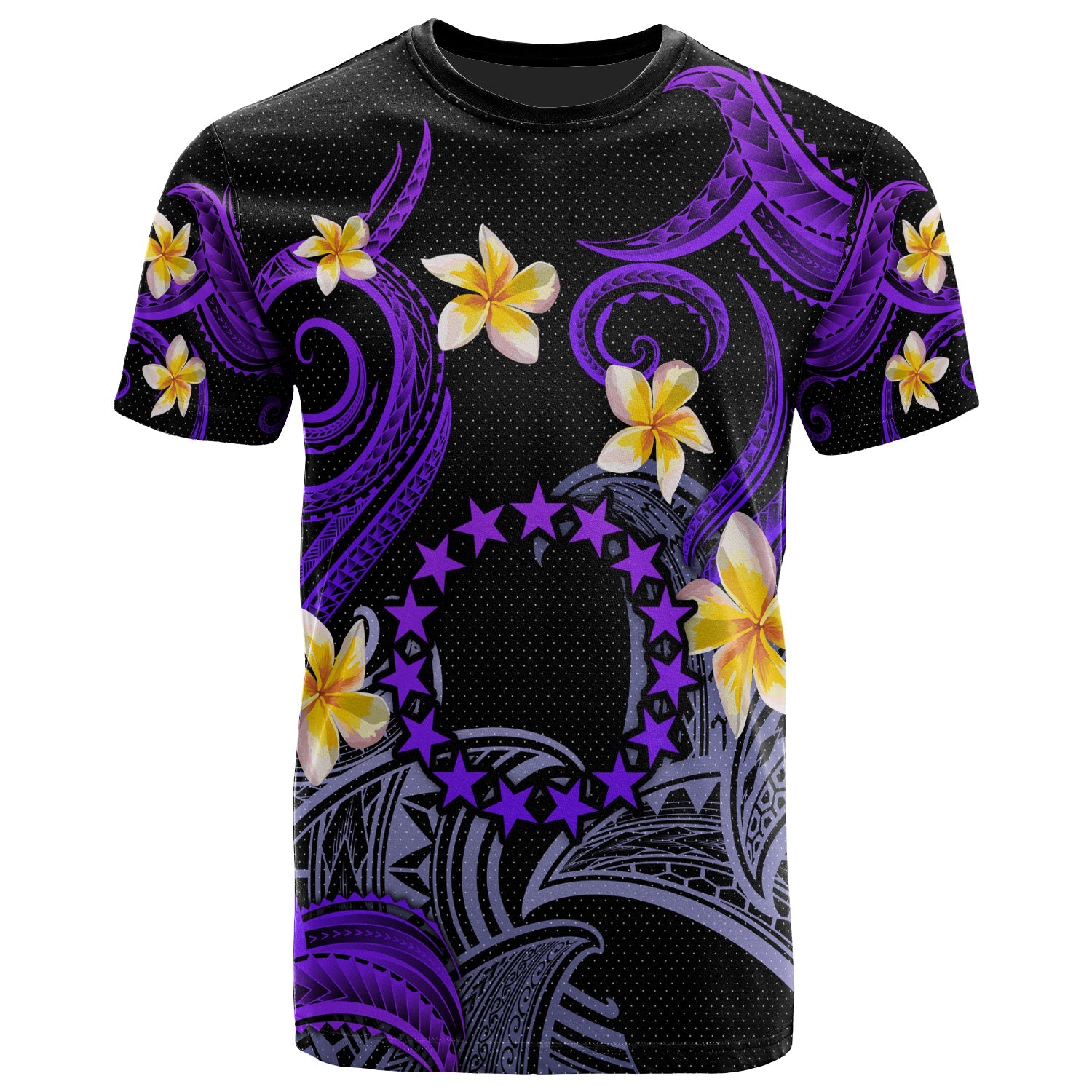 Cook Islands T-shirt - Custom Personalised Polynesian Waves with Plumeria Flowers (Purple)