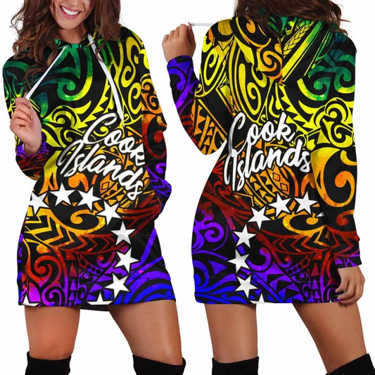 Cook Islands Female Hoodie Dress - Rainbow Polynesian Pattern