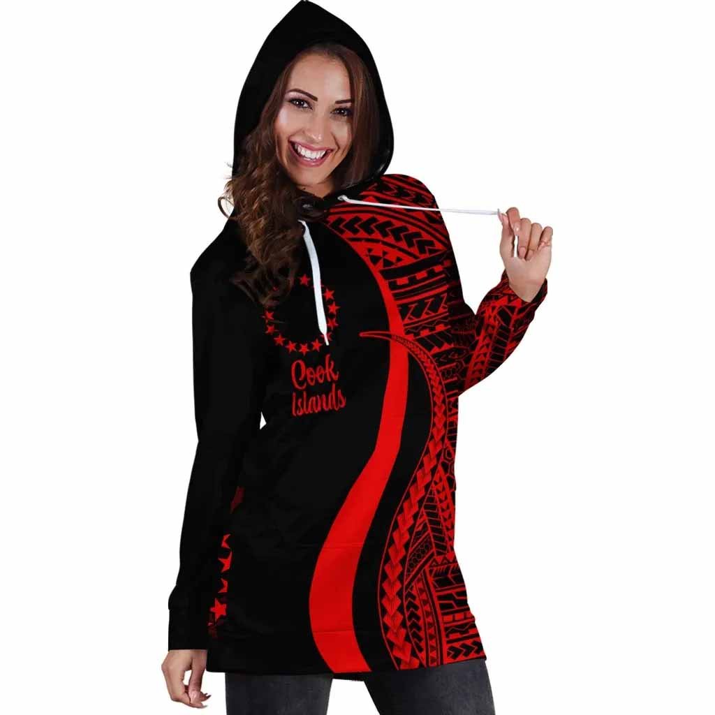 Cook Islands Female Hoodie Dress - Red Polynesian Tentacle Tribal Pattern