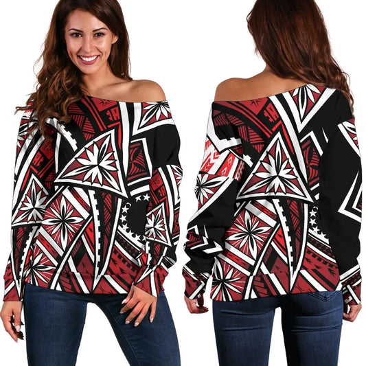 Cook Islands Women Off Shoulder Sweaters - Tribal Flower Special Pattern Red Color