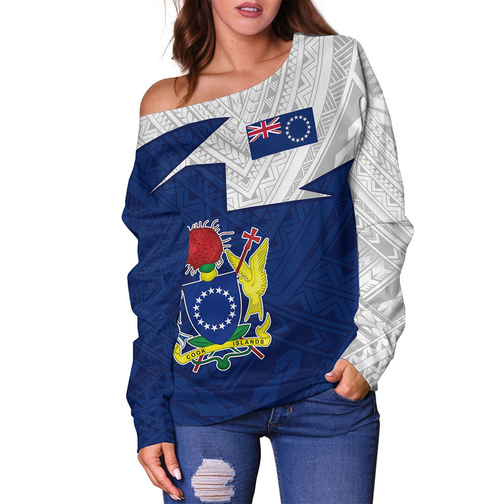 Cook Islands Off Shoulder Sweatshirt Polynesian Tattoo Flag And Coat Of Arms