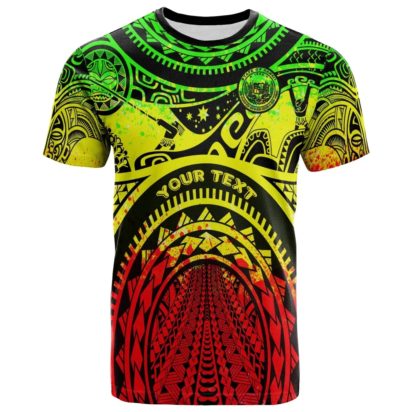 Hawaii Custom Personalised T-Shirt - Coat of Arm Hawaii & Polynesian Patterns Maui Tattoo