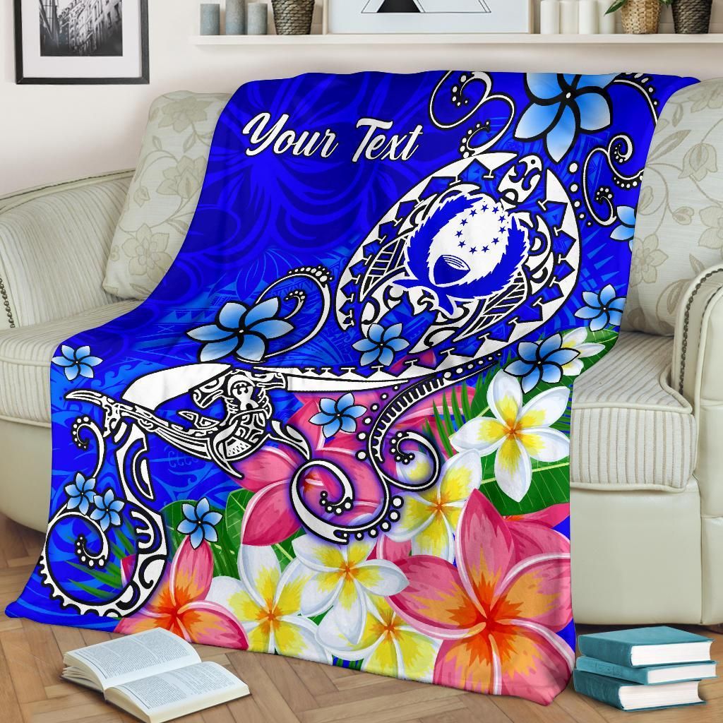 Pohnpei Custom Personalised Premium Blanket - Turtle Plumeria (Blue)