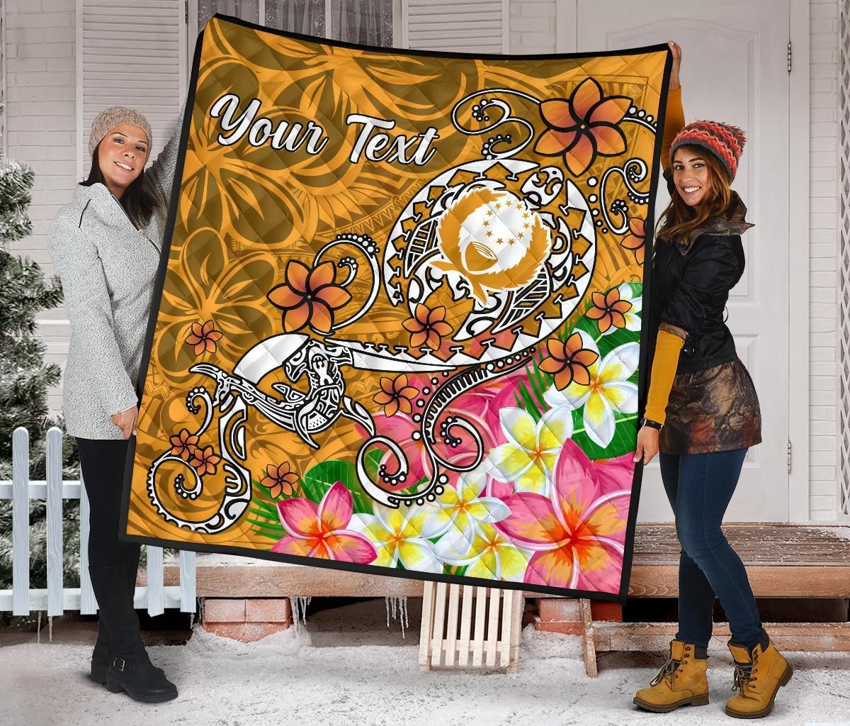 Pohnpei Custom Personalised Premium Quilt - Turtle Plumeria (Gold)