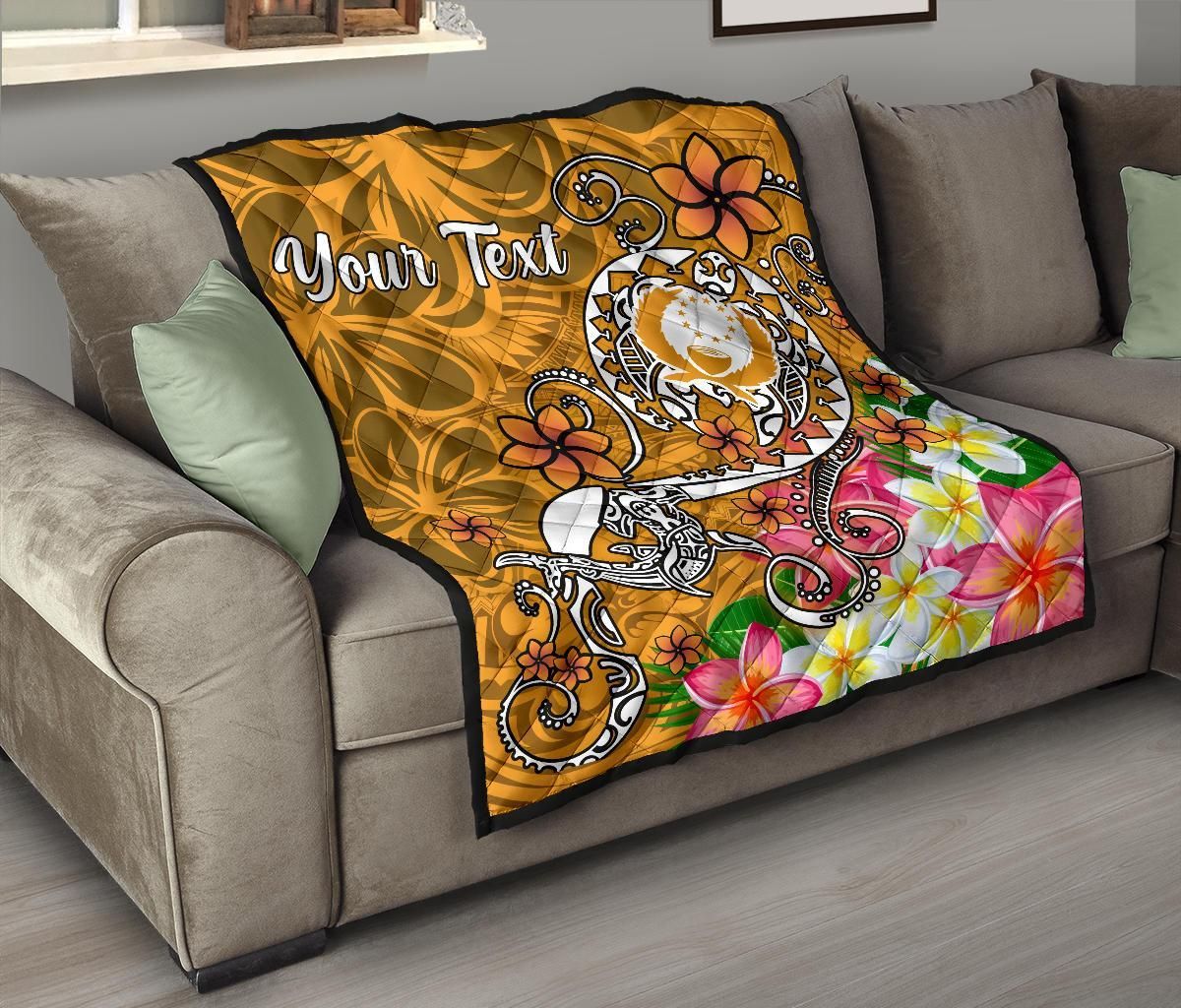 Pohnpei Custom Personalised Premium Quilt - Turtle Plumeria (Gold)