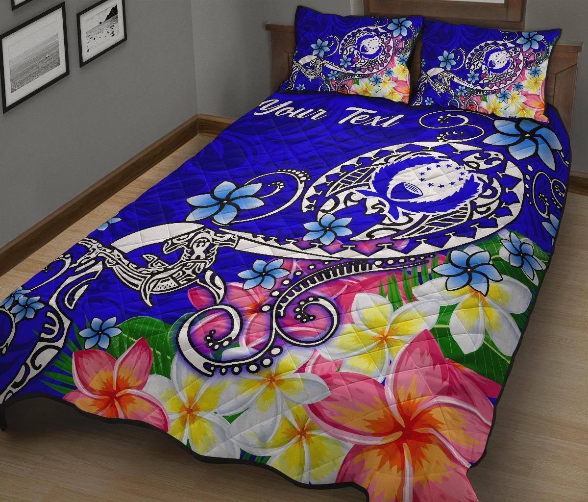 Pohnpei Custom Personalised Quilt Bed Set- Turtle Plumeria (Blue)