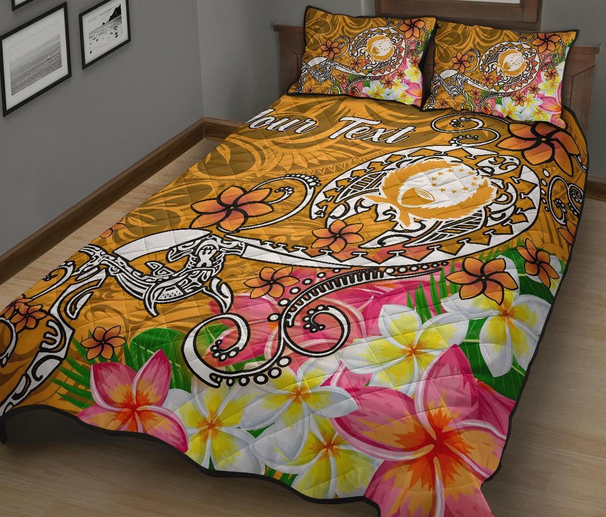 Pohnpei Custom Personalised Quilt Bed Set - Turtle Plumeria (Gold)