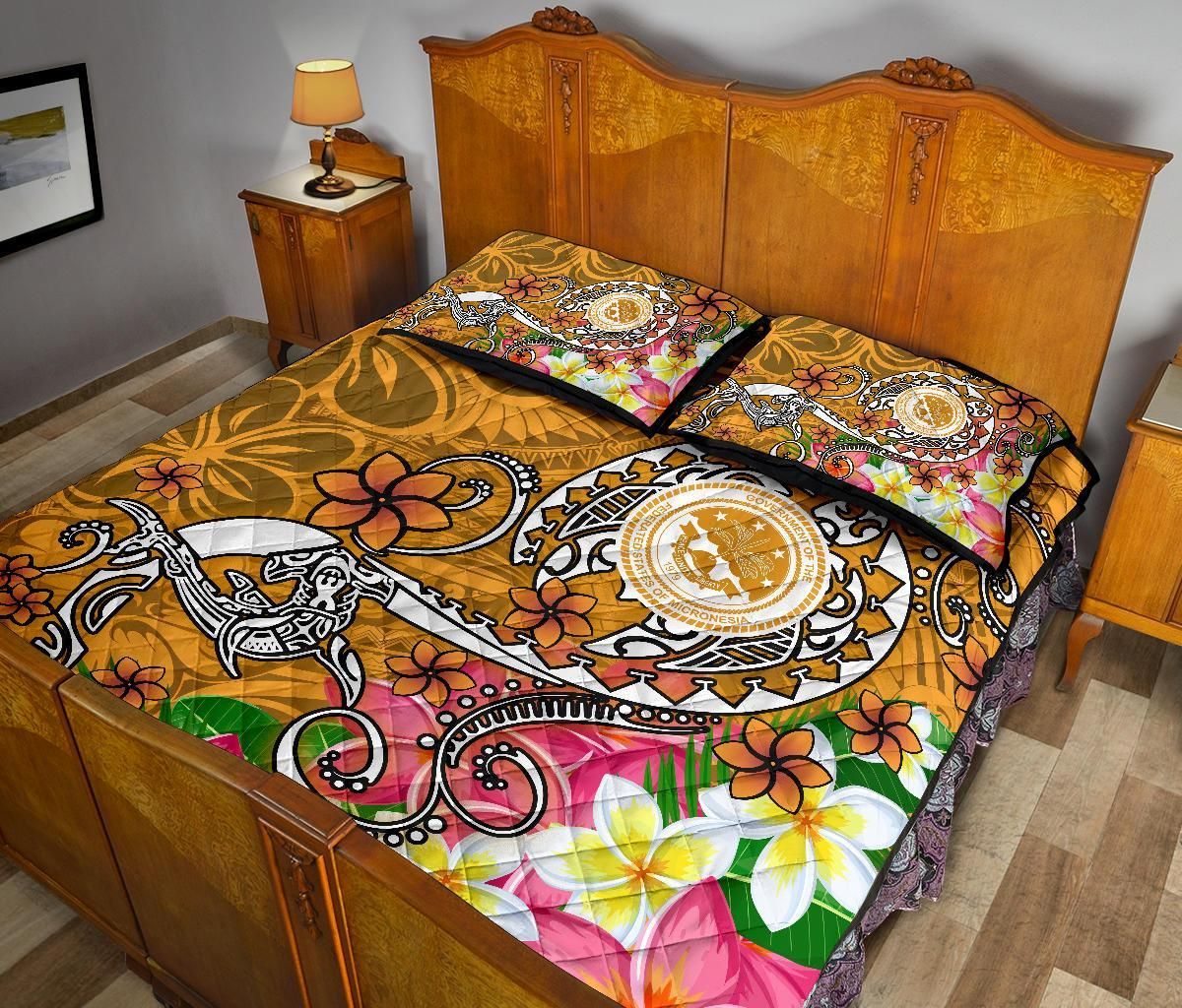 FSM Custom Personalised Quilt Bed Set - Turtle Plumeria (Gold)