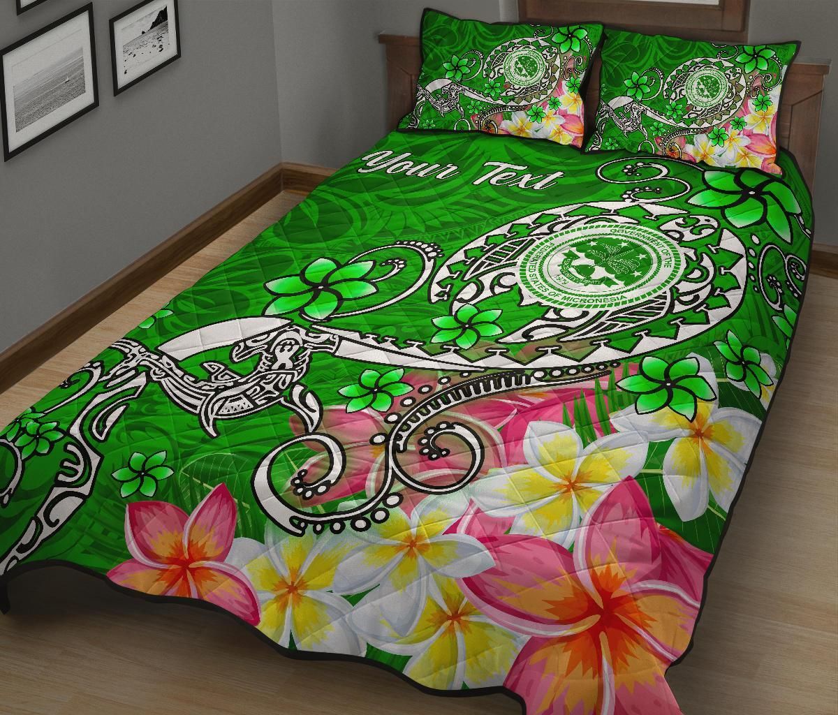 FSM Custom Personalised Quilt Bed Set - Turtle Plumeria (Green)