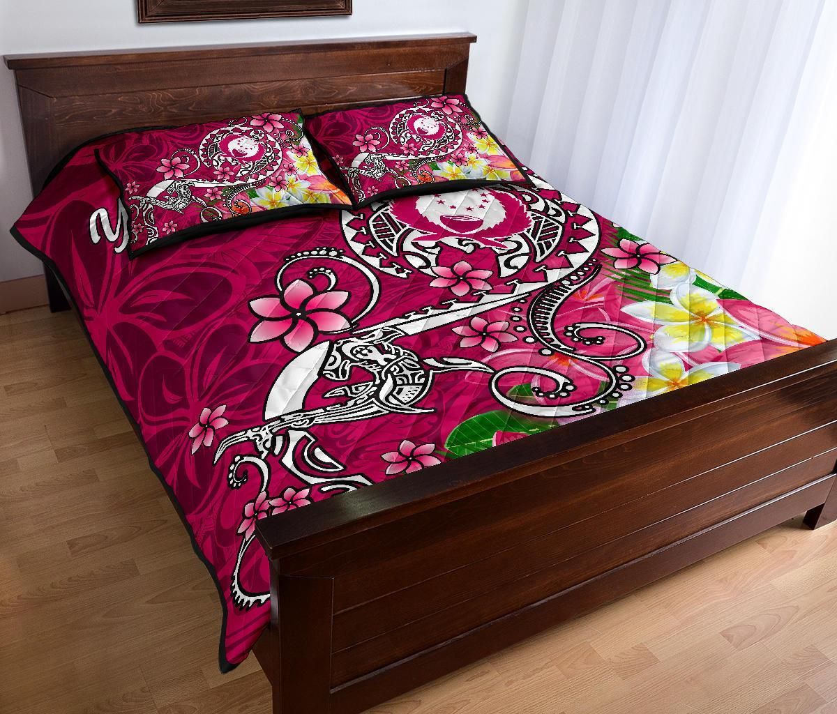 Pohnpei Custom Personalised Quilt Bed Set - Turtle Plumeria (Pink)