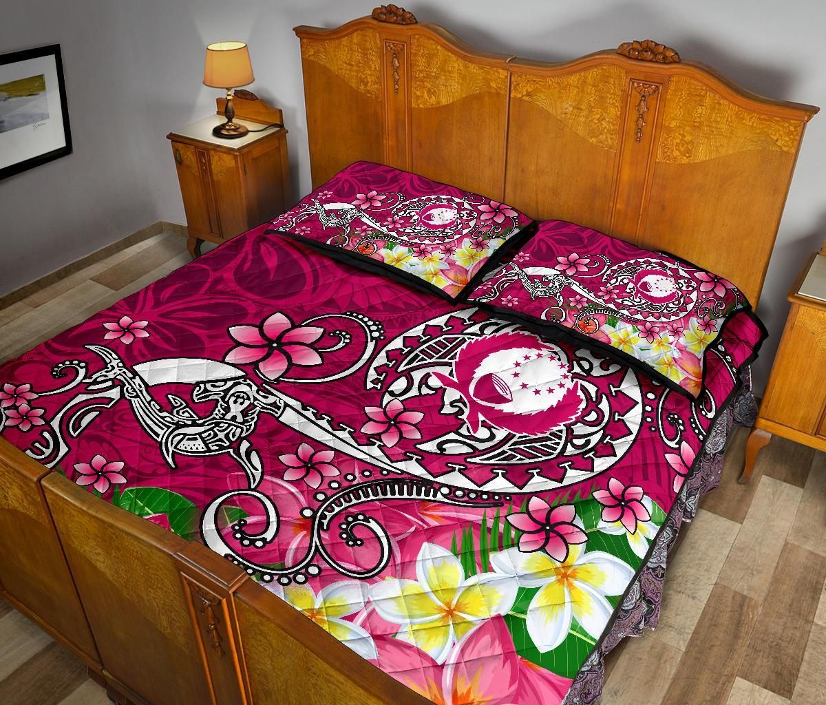 Pohnpei Custom Personalised Quilt Bed Set - Turtle Plumeria (Pink)