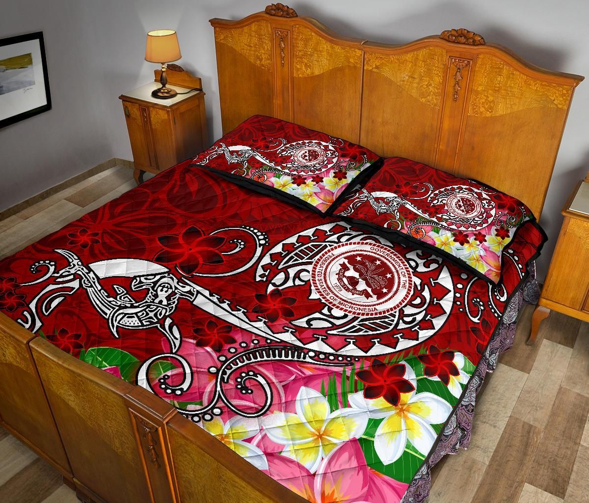 FSM Custom Personalised Quilt Bed Set - Turtle Plumeria (Red)