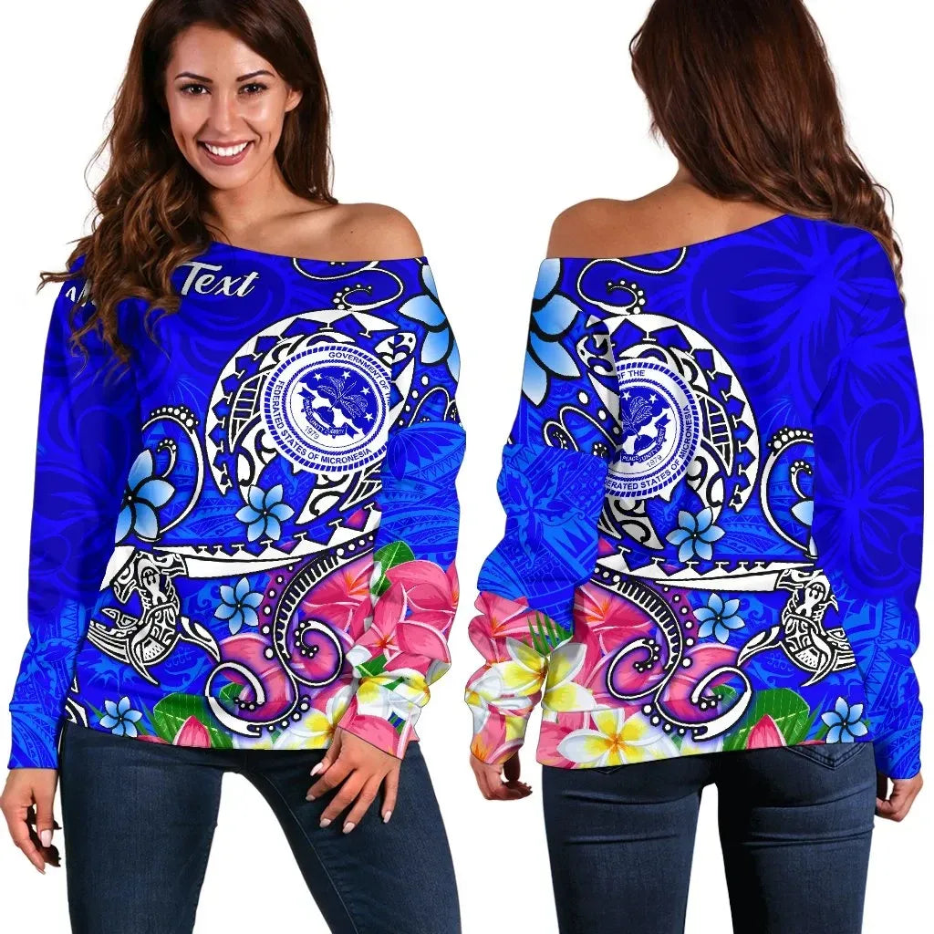 FSM Custom Personalised Women Off Shoulder Sweater - Turtle Plumeria (Blue)
