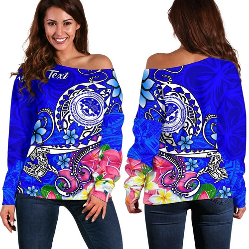 FSM Custom Personalised Women Off Shoulder Sweater - Turtle Plumeria (Blue)