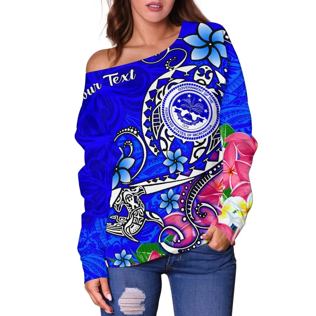 FSM Custom Personalised Women Off Shoulder Sweater - Turtle Plumeria (Blue)