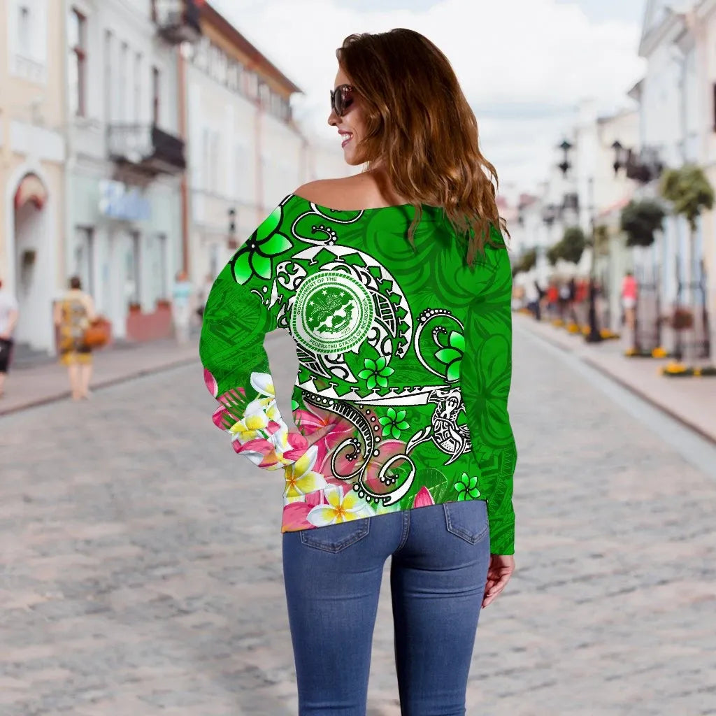 FSM Custom Personalised Women Off Shoulder Sweater - Turtle Plumeria (Green)