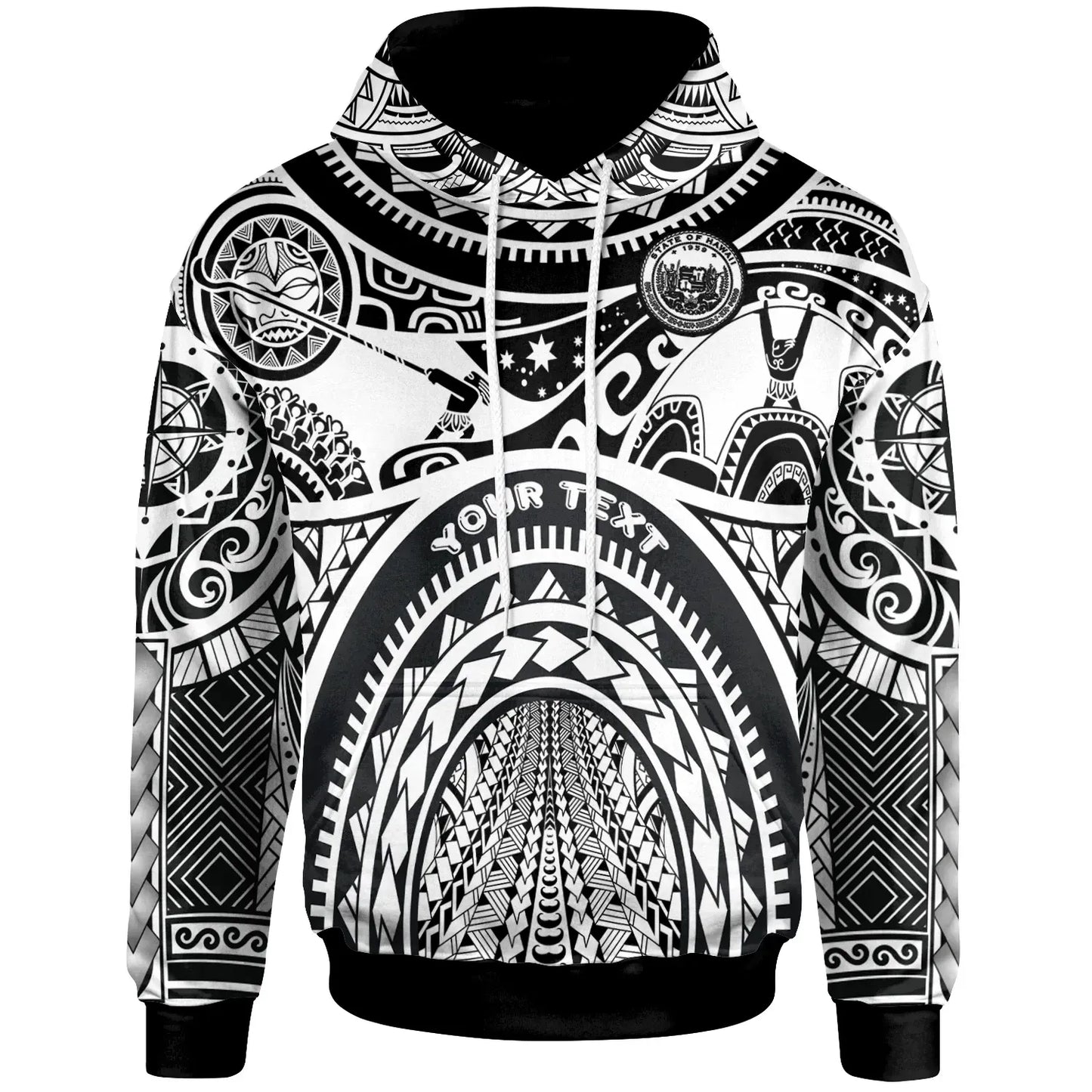 (Custom Personalised) Polynesian Hawaii Hoodie - Coat Of Arm Hawaii & Maui Tattoo - Polynesian Patterns Blue White