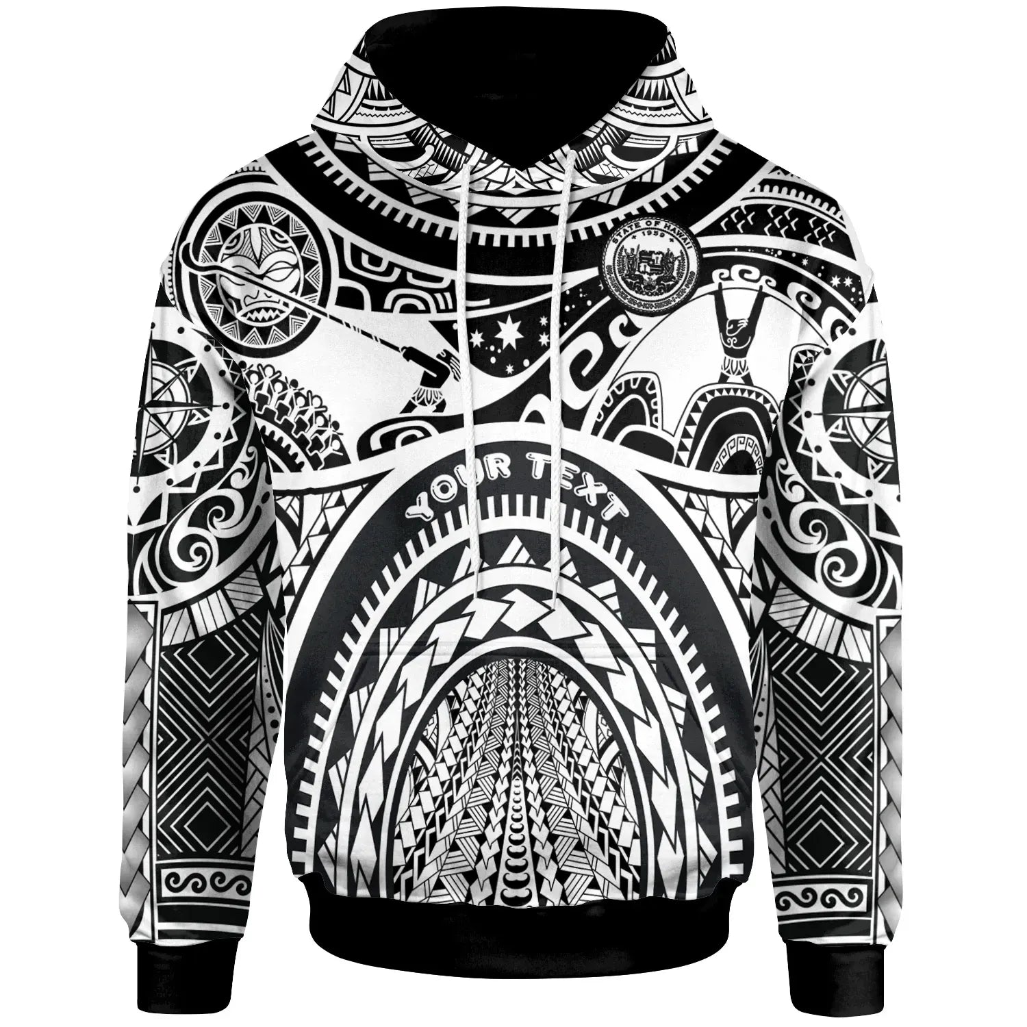 (Custom Personalised) Polynesian Hawaii Hoodie - Coat Of Arm Hawaii & Maui Tattoo - Polynesian Patterns Blue White
