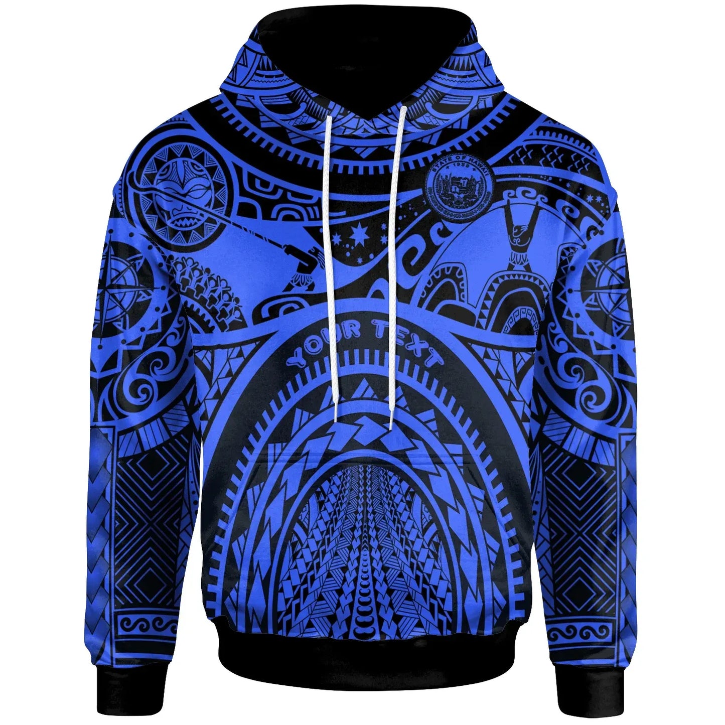 (Custom Personalised) Polynesian Hawaii Hoodie - Coat Of Arm Hawaii & Maui Tattoo - Polynesian Patterns Blue White