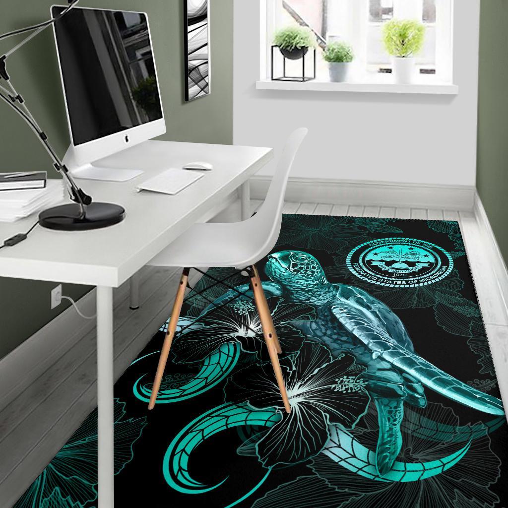 Federated States of Micronesia Polynesian Area Rugs - Turtle With Blooming Hibiscus Turquoise