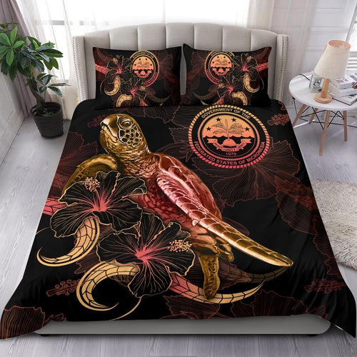 Federated States Of Micronesia Polynesian Bedding Set - Turtle With Blooming Hibiscus Gold
