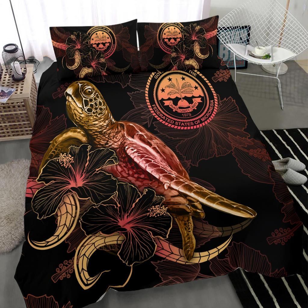 Federated States Of Micronesia Polynesian Bedding Set - Turtle With Blooming Hibiscus Gold