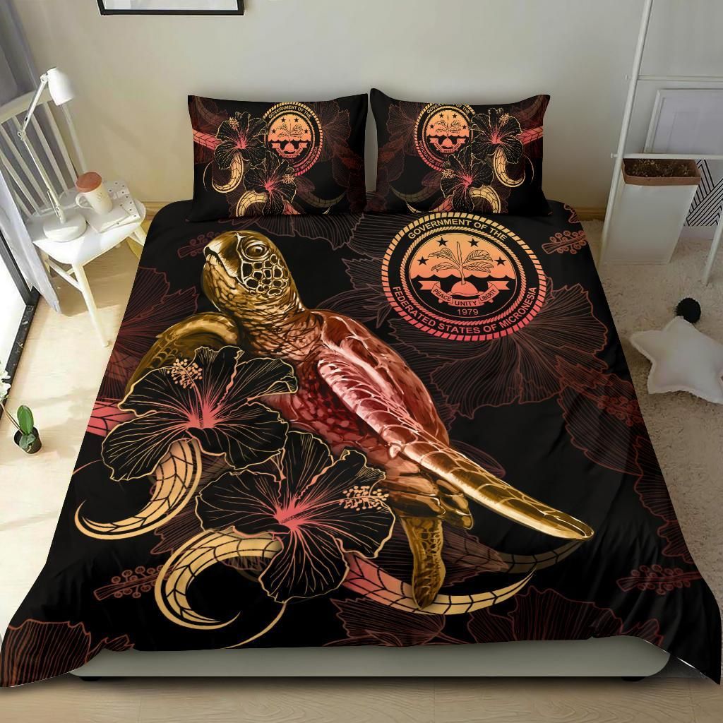 Federated States Of Micronesia Polynesian Bedding Set - Turtle With Blooming Hibiscus Gold