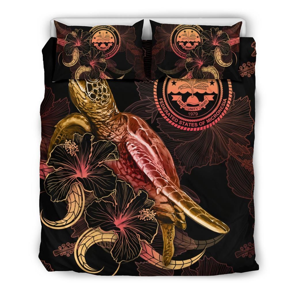 Federated States Of Micronesia Polynesian Bedding Set - Turtle With Blooming Hibiscus Gold