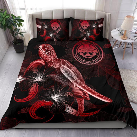 Federated States Of Micronesia Polynesian Bedding Set - Turtle With Blooming Hibiscus Red
