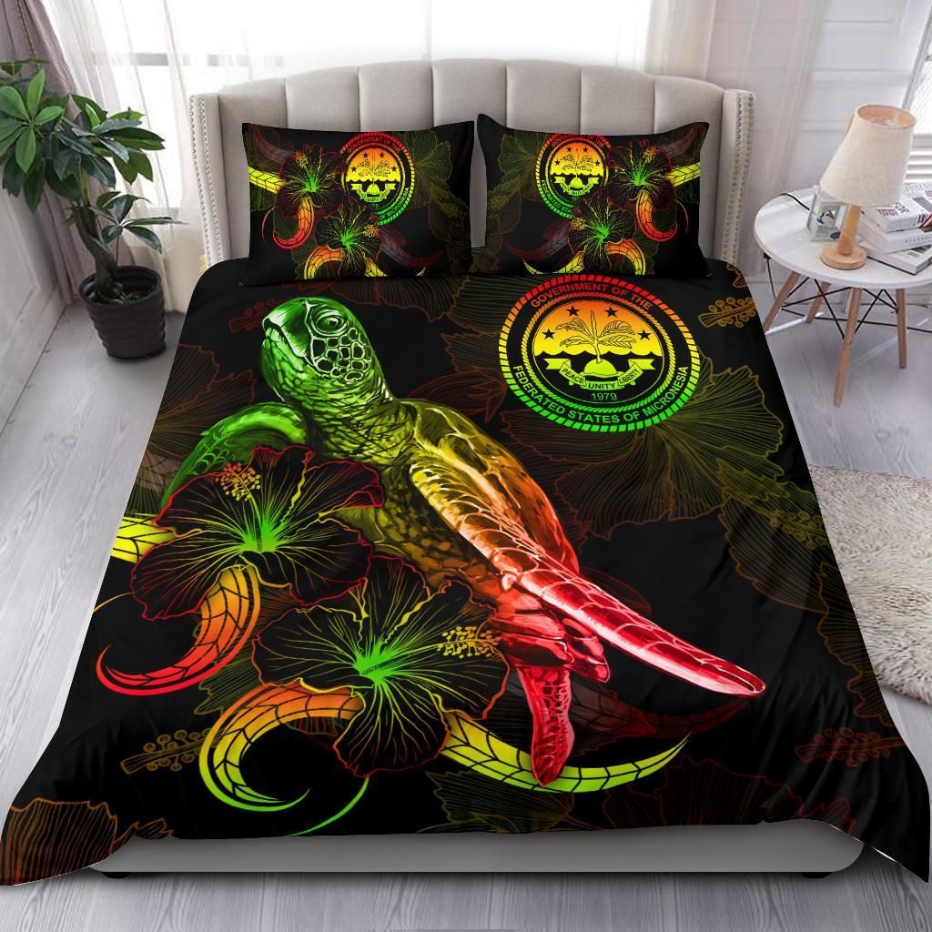 Federated States Of Micronesia Polynesian Bedding Set - Turtle With Blooming Hibiscus Reggae