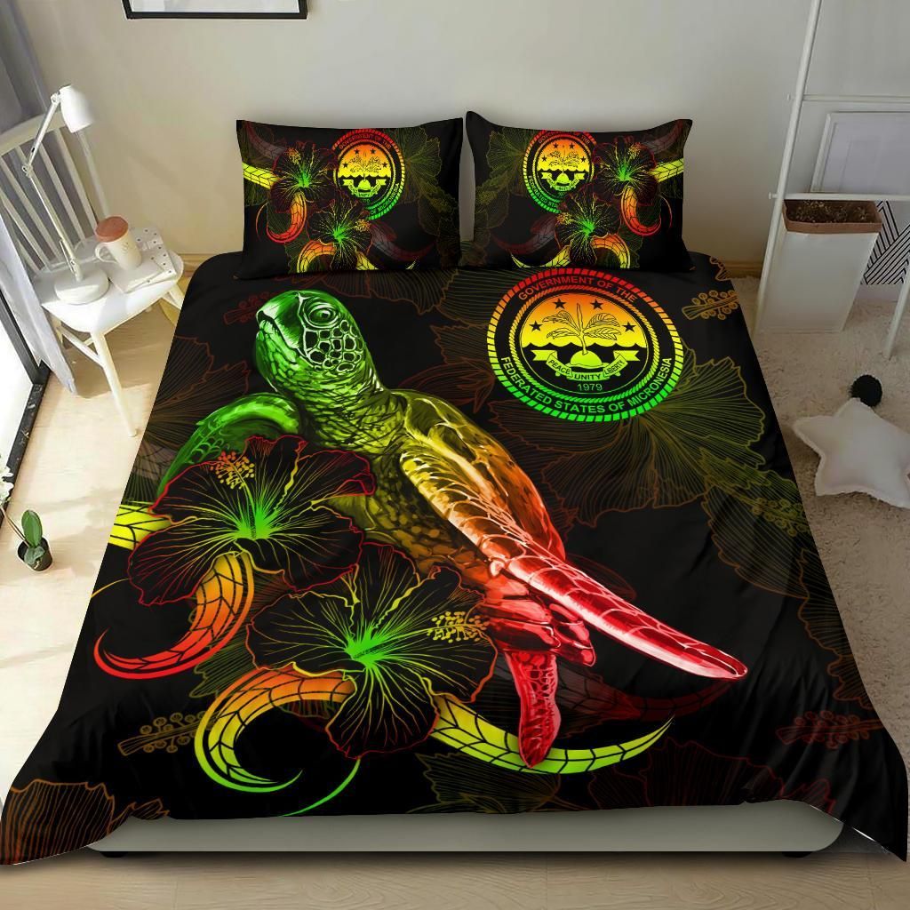 Federated States Of Micronesia Polynesian Bedding Set - Turtle With Blooming Hibiscus Reggae