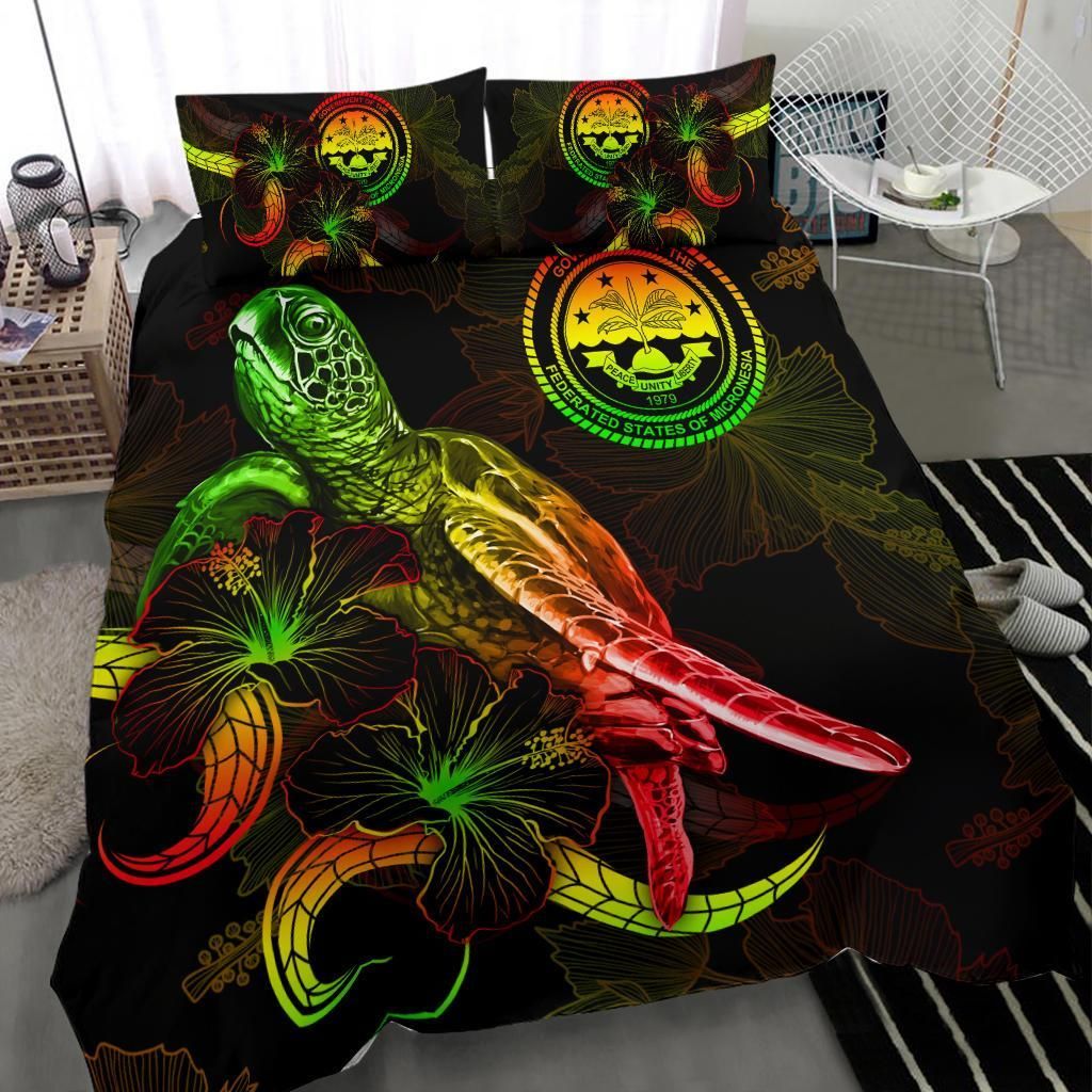 Federated States Of Micronesia Polynesian Bedding Set - Turtle With Blooming Hibiscus Reggae