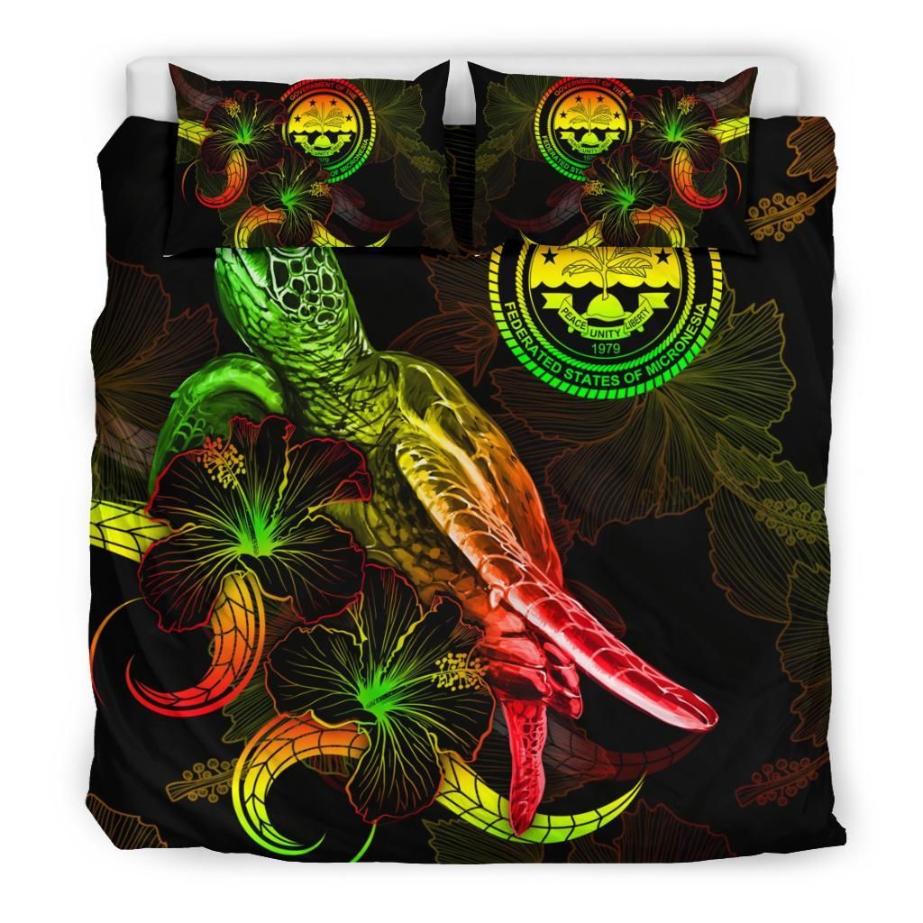 Federated States Of Micronesia Polynesian Bedding Set - Turtle With Blooming Hibiscus Reggae