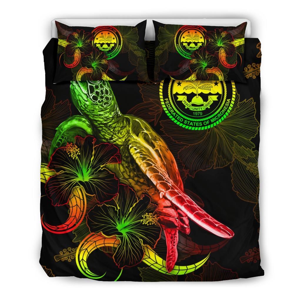 Federated States Of Micronesia Polynesian Bedding Set - Turtle With Blooming Hibiscus Reggae