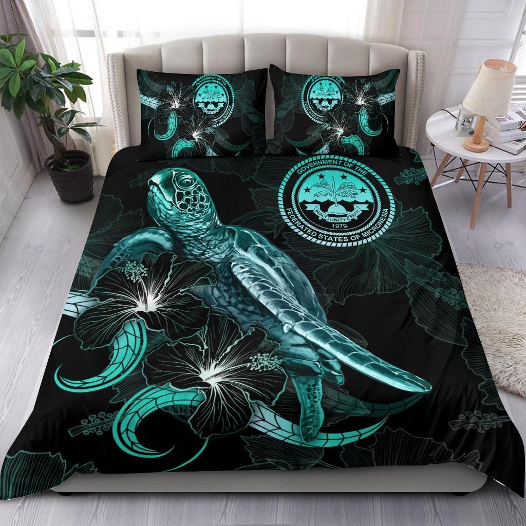 Federated States Of Micronesia Polynesian Bedding Set - Turtle With Blooming Hibiscus Turquoise