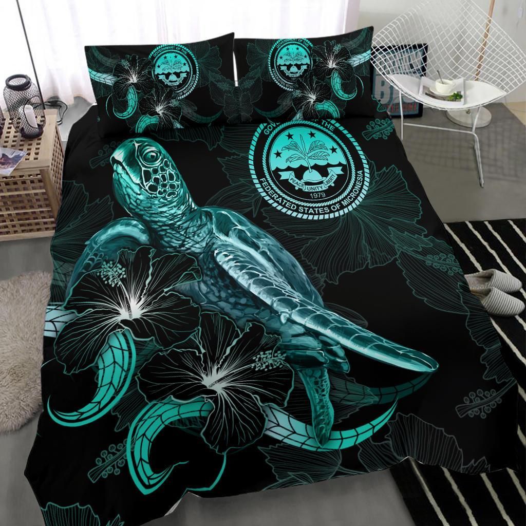 Federated States Of Micronesia Polynesian Bedding Set - Turtle With Blooming Hibiscus Turquoise